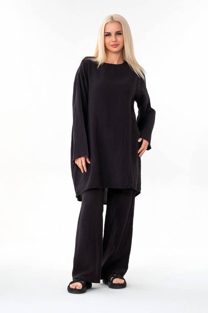 Müslin Tunik %100 Pamuk Cep Detay Salaş Müslin Elbise Tesettür Siyah - Wenor
