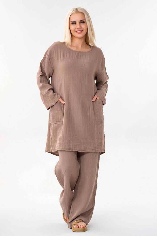 Müslin Tunik %100 Pamuk Cep Detay Salaş Müslin Elbise Tesettür Vizon - Wenor