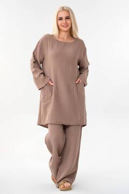 Müslin Tunik %100 Pamuk Cep Detay Salaş Müslin Elbise Tesettür Vizon - Wenor