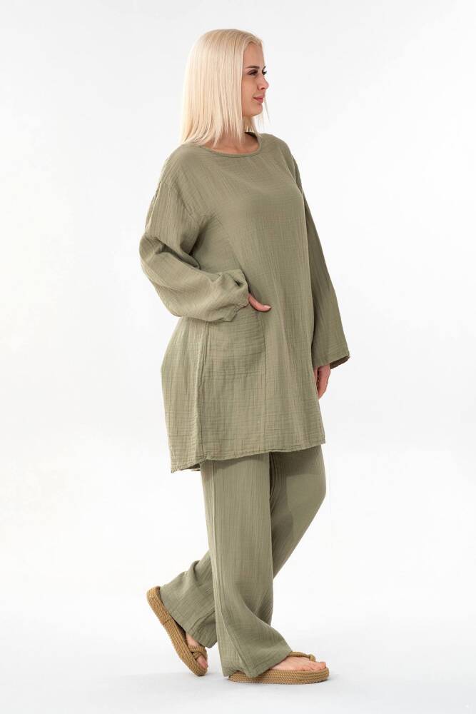 Müslin Tunik %100 Pamuk Cep Detay Salaş Müslin Elbise Tesettür Yeşil - Wenor