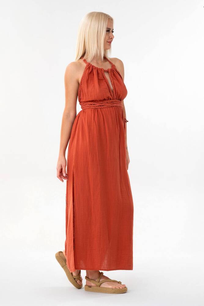 Müslin Yazlık Elbise Örgü Detay %100 Pamuk Doğal Kumaş Kiremit - Wenor