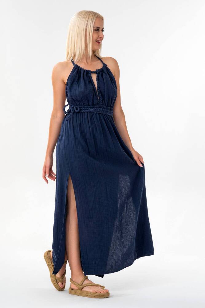 Müslin Yazlık Elbise Örgü Detay %100 Pamuk Doğal Kumaş Lacivert - Wenor