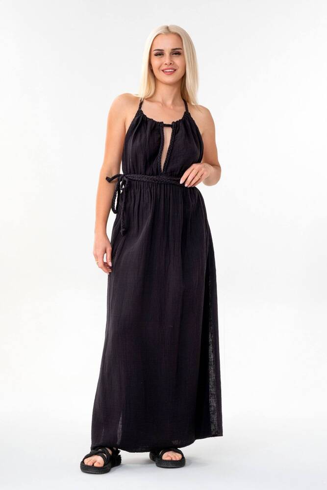 Müslin Yazlık Elbise Örgü Detay %100 Pamuk Doğal Kumaş Siyah - Wenor