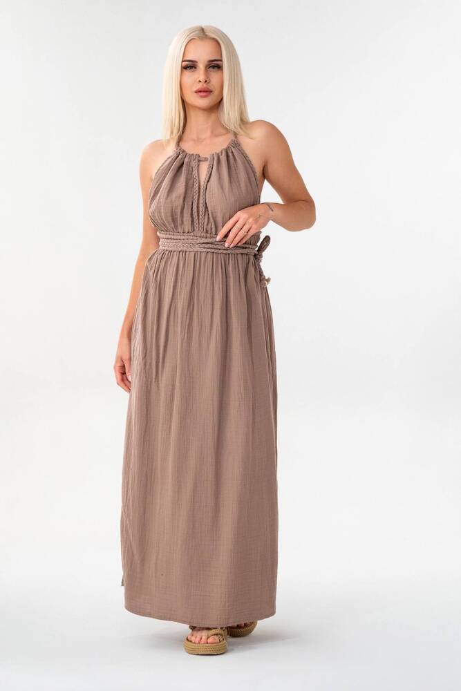 Müslin Yazlık Elbise Örgü Detay %100 Pamuk Doğal Kumaş Vizon - Wenor