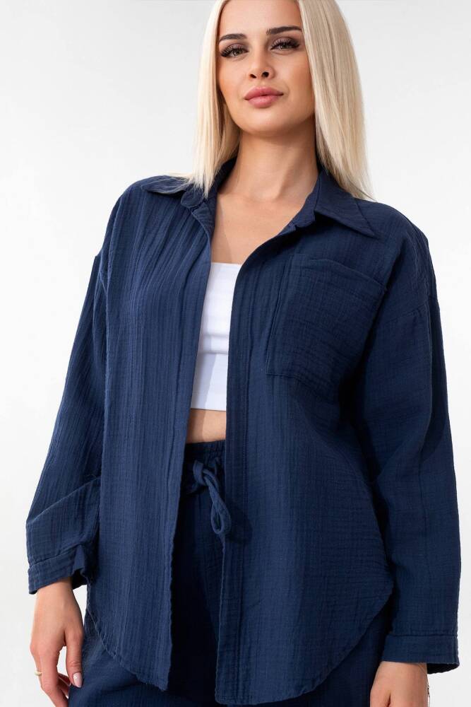 Tek Cep %100 Pamuk Müslin Gömlek Lacivert - Wenor